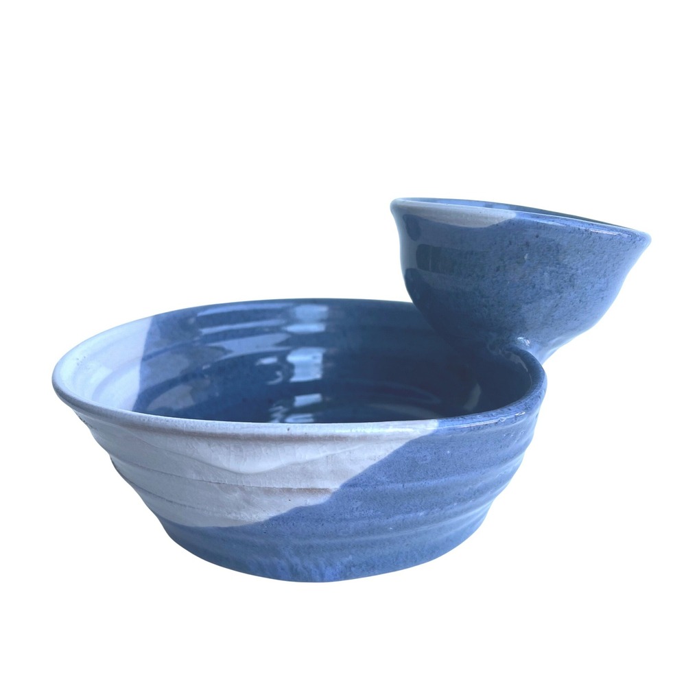 Artisan Handcrafted Blue Stoneware Chip and Dip Bowl Integrated Ceramic Server